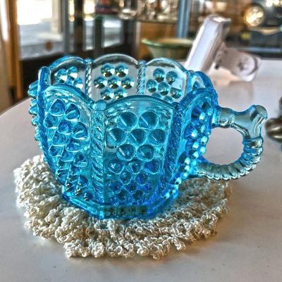 Small cup. Depression glass turquoise. Hobnail pattern with a unique handle. $10