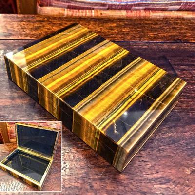 Natural Tiger Eye jewelry box with lid. Interior black obsidian. Really good condition. $475