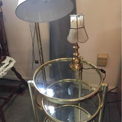 Brass & Glass Accent Table & Lamps