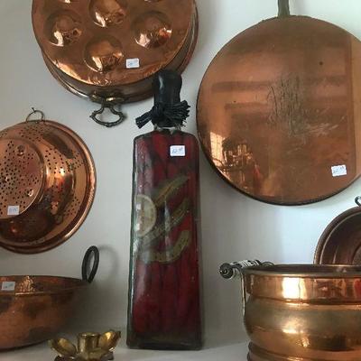 Antique Copper Pots, Strainer, Bowls 