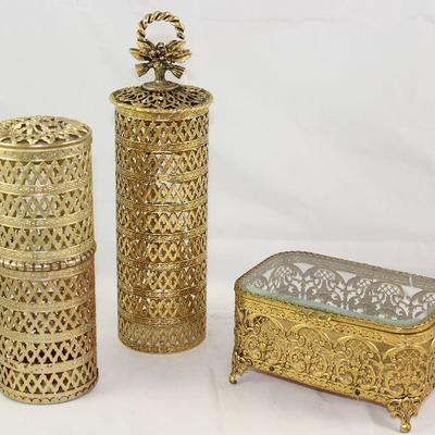 Hollywood Regency Mid Century Gold Plated Filigree Hairspray Can Covers/Caddy and a Bevel Glass Top Vanity Box