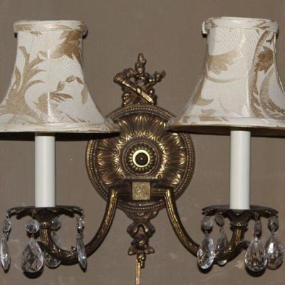Pair Vintage Solid Brass 2-Arm Wall Lamps with Crystal Prisms (1 of 2 Shown)