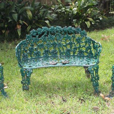 Ornate Cast Iron Green Garden Bench with 2 matching Chairs