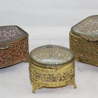 Hollywood Regency Mid Century Gold Plated Filigree Bevel Glass Lidded Vanity Boxes 
