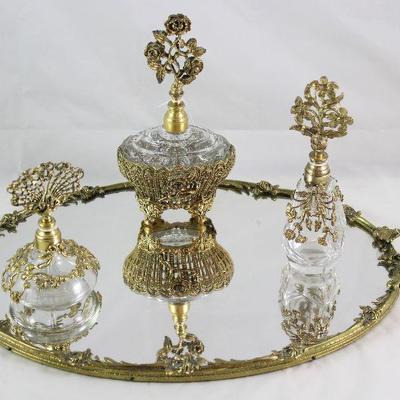 Hollywood Regency Mid Century Gold Plated Oval Vanity Mirror (15â€ x 10.5â€) and Filigree Gold Plated Gasâ€™s Perfume Bottles