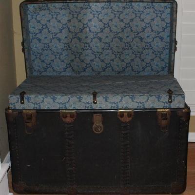Antique Large Black Steamer Trunk with Brass fitting and complete interior   (36â€W x 20â€H x  21â€D).  Pictures showing open view.