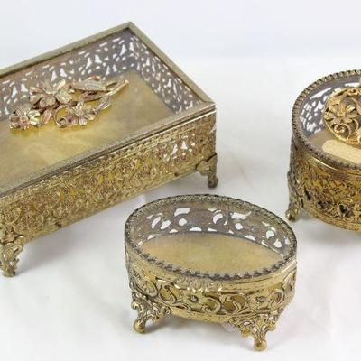Hollywood Regency Mid Century Gold Plated Vanity Boxes 