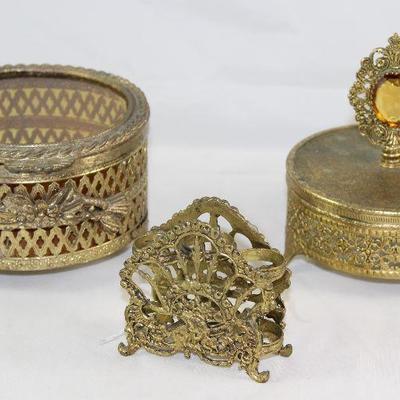 Hollywood Regency Mid Century Gold Plated Filigree Lipstick Holder, Bevel Glass Lid Vanity Box and Amber Finial Lid Vanity Box