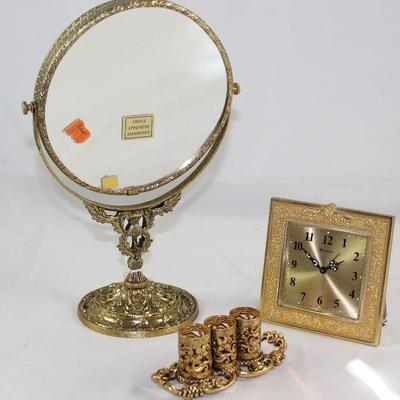 Stylebuilt Hollywood Regency Mid Century Gold Plated Vanity Mirror, Lipstick Holder and Bulovar Clock