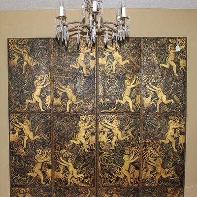Antique French 4 Panel Gold Gilt Cherubs Embossed on Black Leather C.1840-1900 (each panel measures 21â€W x 6â€™9â€H)