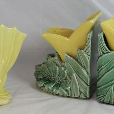 McCoy Yellow Fan Vase and Lily Bookend Planters 