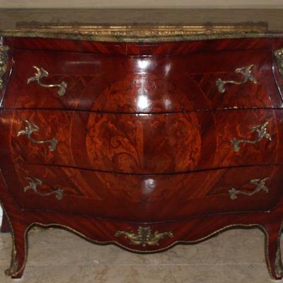 Inlaid Bombay  Green Marble Top 3-Drawer Ornate Chest With Ormolu Mounts (48â€W x 36â€H x 21â€D)