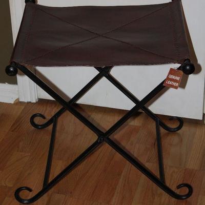 New Roman Style Folding Wrought Iron Metal Stool with Leather Seat