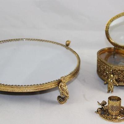 Matson Hollywood Regency Mid Century Gold Plated Mirror Cherub Footed Round  Vanity Tray, Bevel Glass Lid Vanity Music Box and Cherub...