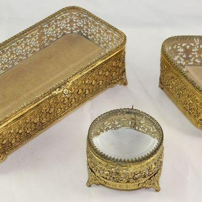 Matson Hollywood Regency Mid Century Gold Plated Comb/Brush and Bevel Glass Lid Vanity Boxes.