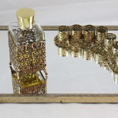 Hollywood Regency Mid Century Gold Plated Rectangular Vanity Mirror (12â€ x 8â€), Gold Filigree Perfume Glass Bottle and Lipstick Holder 