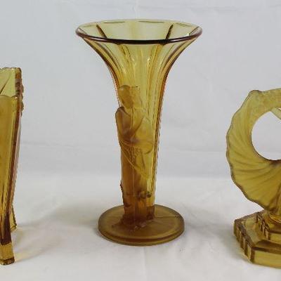 Walter & Sohne West Germany Rare Art Deco Amber Glass Collection:  Triangle Footed Vase (7â€H x5 1/4â€W), Trumpet Style Vase (9.5â€H x...
