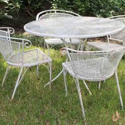 Vintage Mid Century Wrought Iron Mesh Table and 4 Barrel Back Chairs