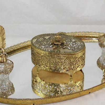 Hollywood Regency Mid Century Gold Plated Filigree Lipstick Holder Oval Vanity Mirror, Vanity Box and Perfume Bottles with Feather Stopper