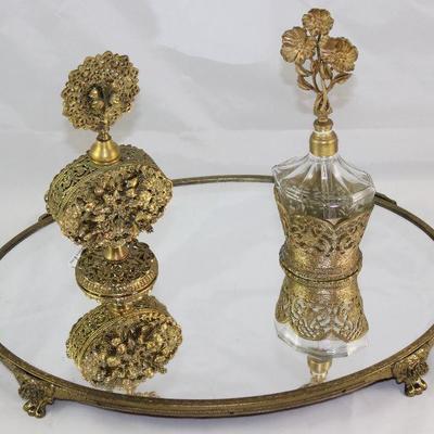  Hollywood Regency Mid Century Gold Plated Mirror Vanity Footed Tray, and 2 Perfume Bottles