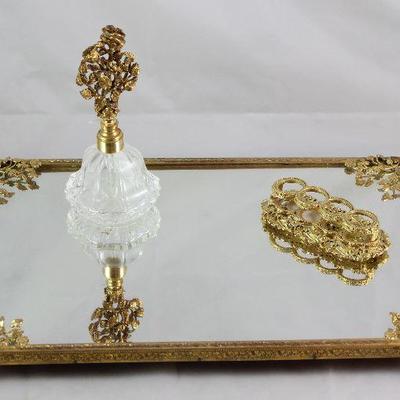 Hollywood Regency Mid Century Gold Plated Rectangular Vanity Mirror, Crystal Perfume with Gold Plated Floral Glass Dauber Stopper and...