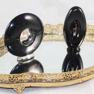 Vintage Stylebuilt Gold Plated Filigree Oval Footed Mirror Dresser Tray (16â€ x 11â€).  Shown with Paloma Picasso Perfume Bottles 