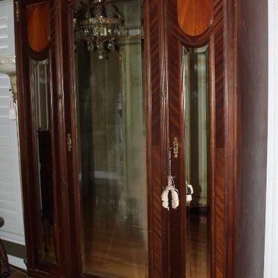Antique Victorian Era 3-Shelf Linen Press/Armoire with 3 Bevel Mirror Doors.  (84â€H x 53â€W x 17â€D)