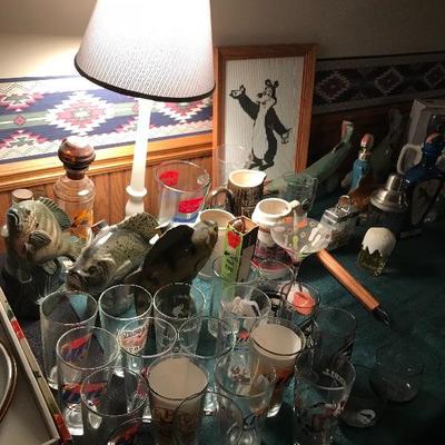  Piles of beer and collectible glasses and other iJim Beam northern Muskie Rcrapie  Bass etc.