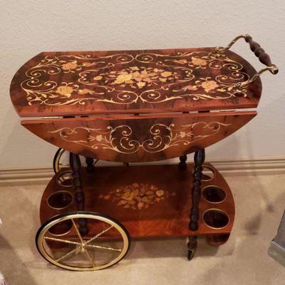 Vintage Wood Inlay Tea Cart
