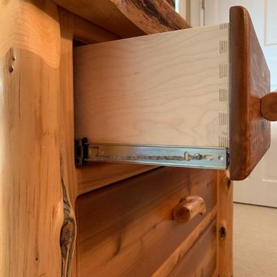 12. Cedar Log Bunk Bed, SET. Set includes bunk beds, 87 x 48 x 71, PLUS four drawer dresser, 44 x 24 x 36.