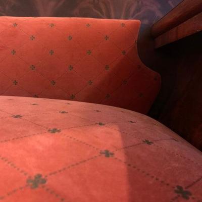 20. Antique Empire Sofa, 84 x 26 x 33. Upholstry has minor wear, wood shows cracks, only chip shown in pic