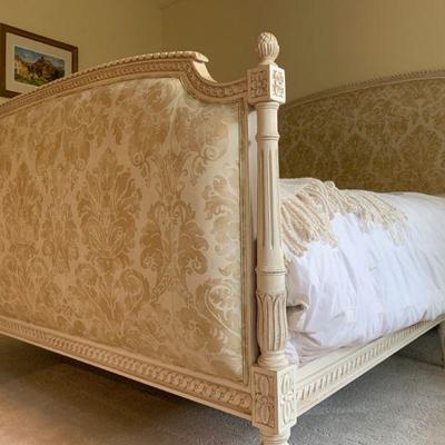 1. QUEEN Vintage French Bed Frame with Updated Damask Upholstered Headboard and Footboard, 88 x 64 x 55h
