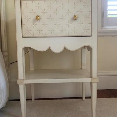 2. PAIR, Hand Painted White and Cream with Patterned Drawer Bedside tables, 22 x 15 x 33. HALF INCH paint chip on top of one, see pictures