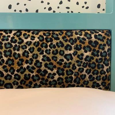 7. Modern Canopy Bed in Teal with Teal Leopard Print Inset Headboard, 85 x 61 x 80