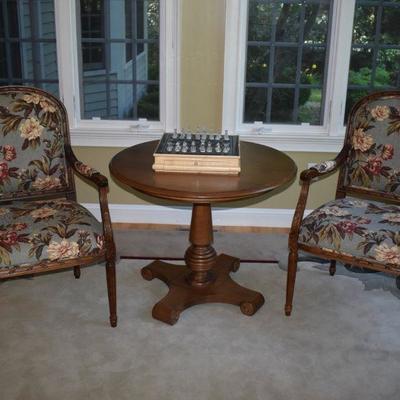 Pair of Ethan Allen arm chairs and Ethan Allen pedestal table