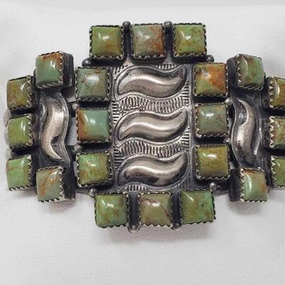 166: Artist Marked Native American Sterling Silver and Green Turquoise Cuff Bracelet, 54g
Artist Marked Sterling Silver and Green...