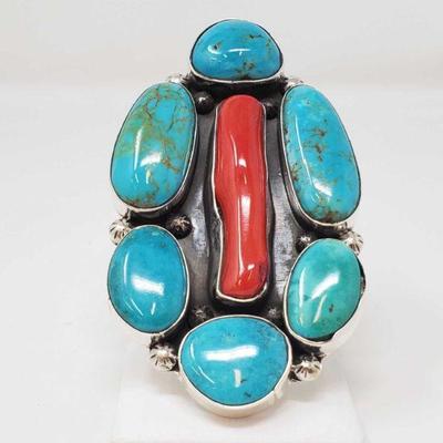 149: One of a Kind Chunky Native American Ring with Large Coral and Turquoise Stones Artist Marked
One of a Kind Chunky Native American...