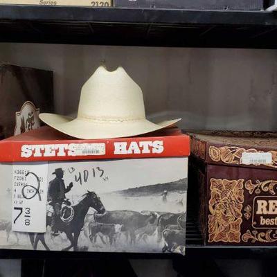 7300:Four Cowboy Hats, Sizes M, 7 3/8, and 7 1/2
Cowboy hats! VERY nice looking hats including a Stetson Norteano in natural, size...