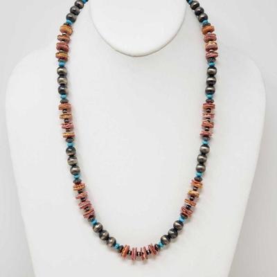 143: Native American Hand Beaded Spiny Oyster, Turqouse and Sterling Silver Pawn Beads Necklace
This is an elegant, beautifully crafted...
