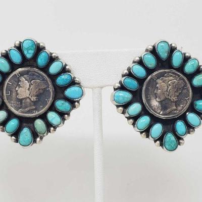 162: Artist Marked Amazing Pair of Sterling Silver and Turquoise Earrings with Authentic  Mercury Dimes
These Beautiful Handmade Native...
