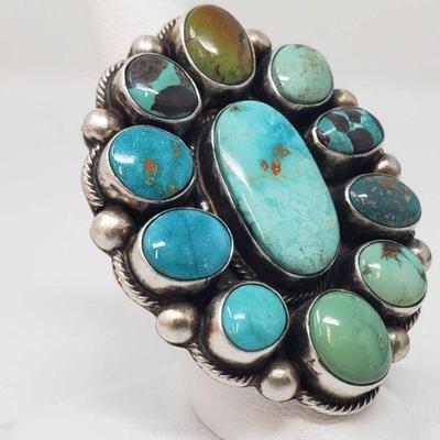 165: Original Kathleen G Marked Chunky Sterling Silver and Turquoise Cluster Ring in a size 8
Original Kathleen G Handmade Native...