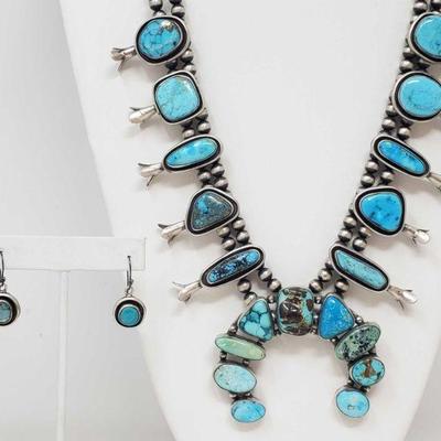 168: Authintic One of A Kind Artist Marked Sterling Silver and Turquoise Squash Blossom SET
One of A Kind Artist Marked Sterling Silver...