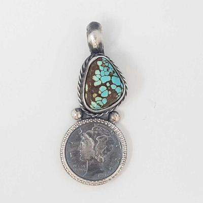 175: Beautiful Artist Marked Sterling Pendent with a Authentic Mercury Dime (chain not included)
Beautiful Artist Marked Handmade Native...