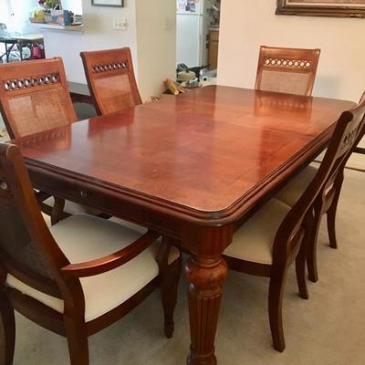 Cherry Finish Dining Table w/6 Chairs, 2 Leaves - $395
(45W  76L w/o leaves  30H)
