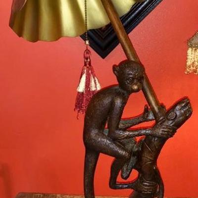 One of a kind large working beautifully hand carved monkey lamp with some type of VTG paper Mâché composite shade