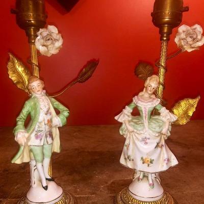 Vintage Victorian German gilt-porcelain Boudoir hand painted lamps