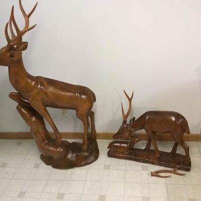 Two Wood Carved Deer