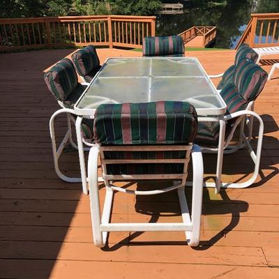 Patio set inlcudes: Tempered glasstop umbrella table and 6 chairs with pads
Price: $60