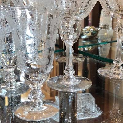 Tiffin Etched Crystal â€œCherokee Roseâ€
1 Iced Tea Price: $18
3 Water   Price: $45
5 Champagne Tall.  Price: $40
6 Juice (1 chipped)...
