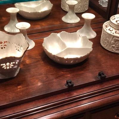 Lenox China Made in the USA
Cutout Bowl  $8
Candlesticks  $8 pair
Divided dish  $12
Covered candle  $9